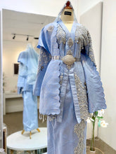 Malay wedding dress rental, Baju Sanding rental, Songket Kebaya, Kot Raihan, bride & groom wedding attire, icy blue wedding, silver embroidery