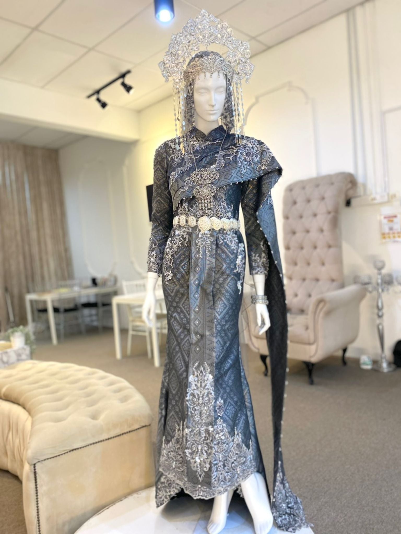 GEMALA SARI - Baju Pengantin Songket Silver Grey Thai Dress