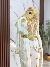 Baju sanding perempuan two-piece dress off white gold songket tabur dengan selempang sulam dan tali pinggang untuk siluet pengantin anggun
