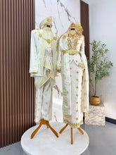 GEMERSIK set baju sanding off white gold songket tabur dengan two-piece dress dan kot raihan untuk majlis perkahwinan tradisional melayu