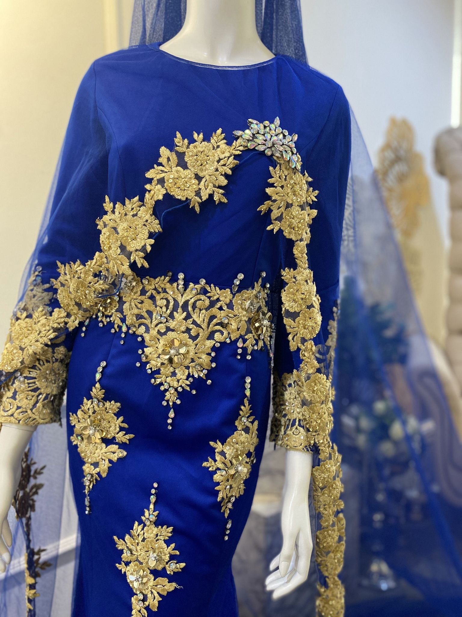 Baju pengantin muslimah Royal Blue and Gold Dress Full Beaded Gold Lace