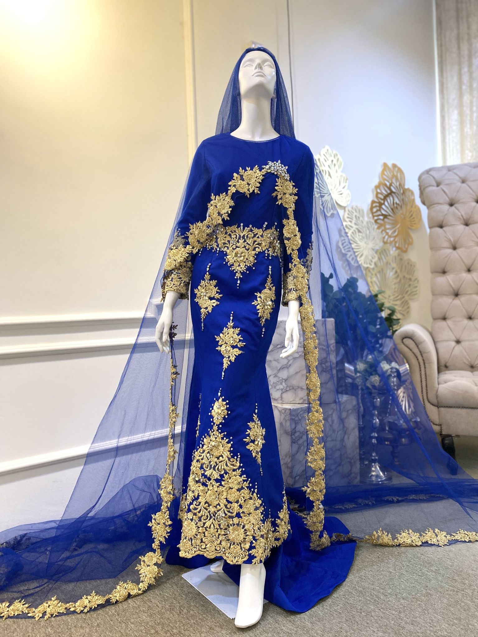 Baju pengantin muslimah Royal Blue and Gold Dress Full Beaded Gold Lace
