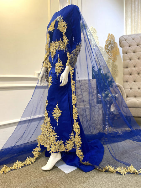 Arabic Royal Blue Mermaid Prom Dresses With Gold Appliques Formal Evening  Gowns With Detachable Train Side Split Party Dress - Prom Dresses -  AliExpress