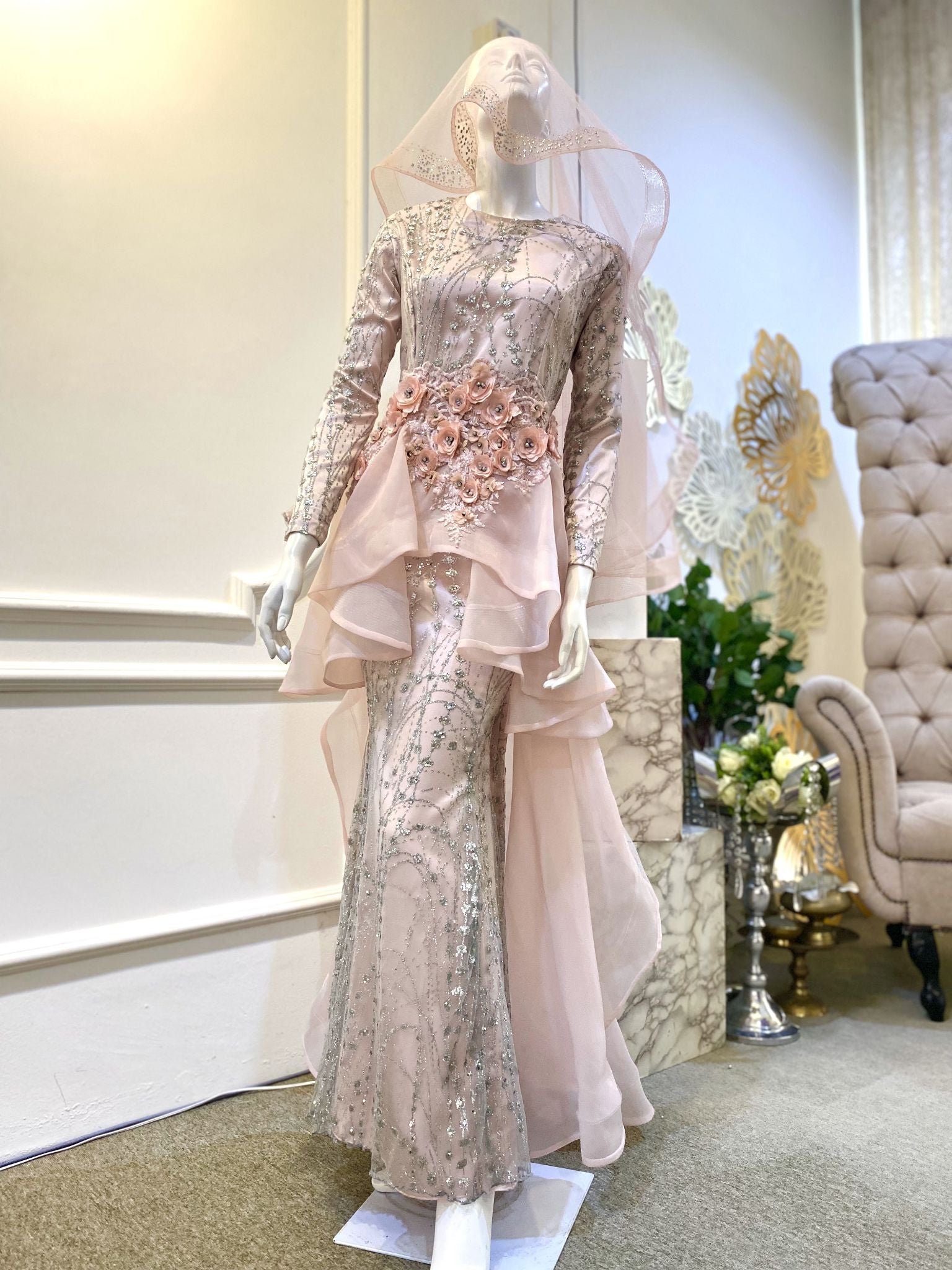 DAZZLING DELILAH - Baby Pink with Silver Fishtail Dress with 3D Flower in Pink 