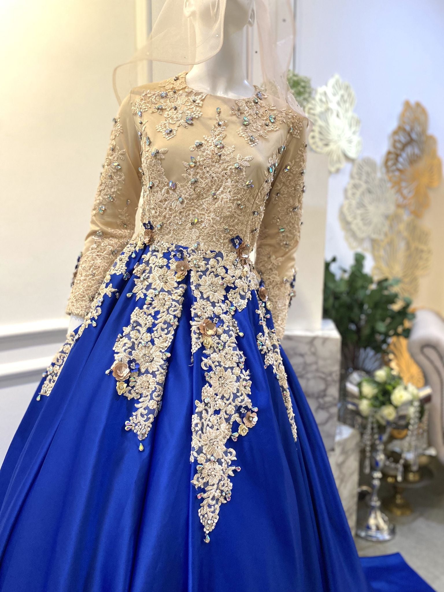 Ballgown Muslimah Royal Blue and Creamy Full Beaded Cream Lace