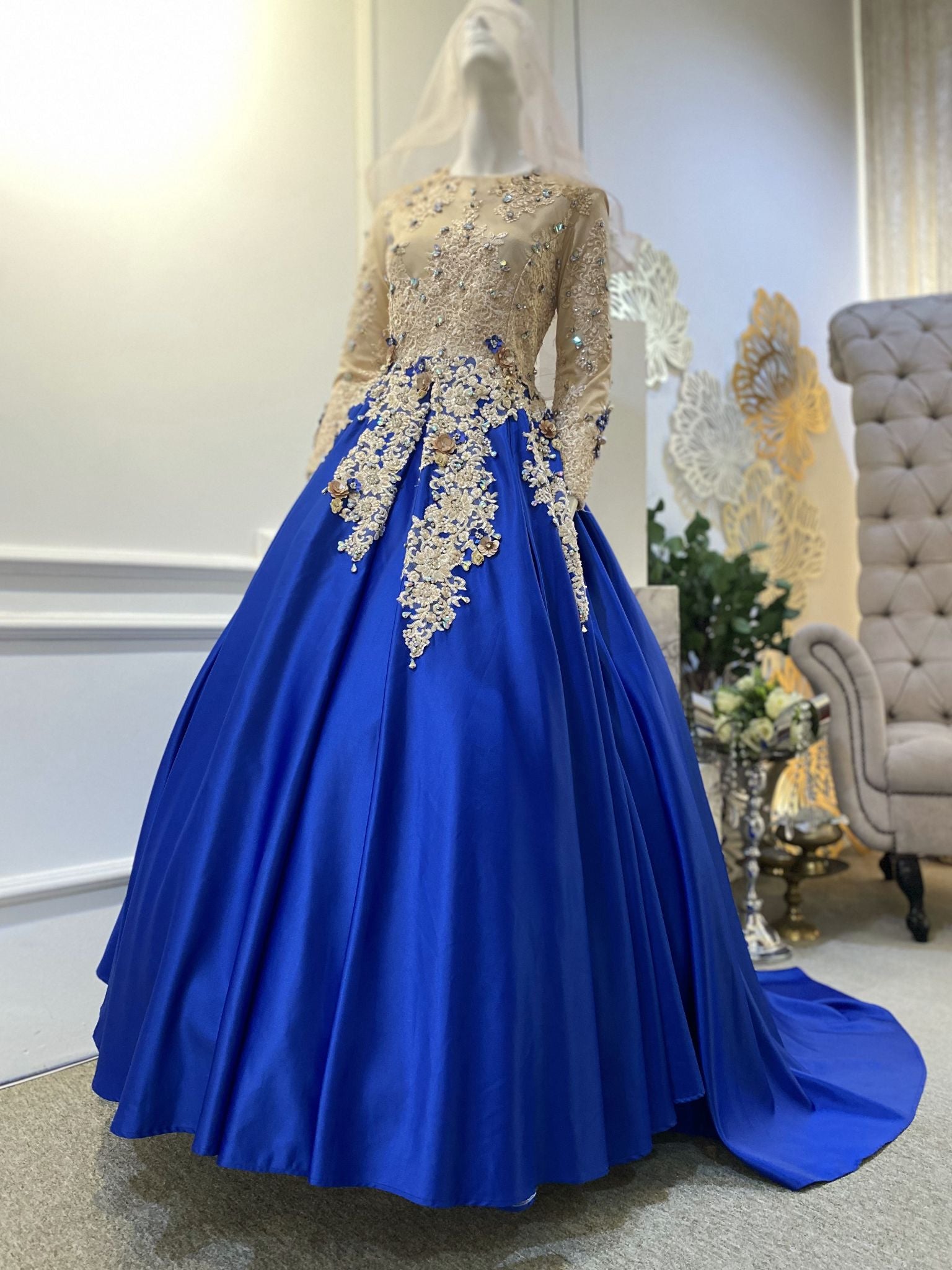 Ballgown Muslimah Royal Blue and Creamy Full Beaded Cream Lace