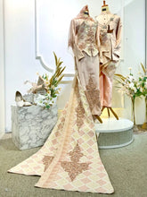 Baju Sanding Songket Modern-Dusty Peach Wedding Dress-Rent Baju Pengantin with Tail-Songket Kebaya Wedding Attire-Baju Sanding Couple Set