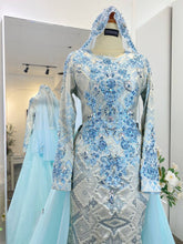 LARA - Baby Blue Songket Trumpet Wedding Dress with Detachable Cape (Baju Sanding)-baju sanding tradisional-baju sanding moden-baju sanding muslimah-baju pengantin tradisional-baju pengantin moden-baju pengantin muslimah-sewa baju sanding-sewa baju pengantin-butik baju sanding-butik baju pengantin
