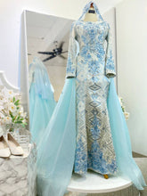 LARA - Baby Blue Songket Trumpet Wedding Dress with Detachable Cape (Baju Sanding)-baju sanding tradisional-baju sanding moden-baju sanding muslimah-baju pengantin tradisional-baju pengantin moden-baju pengantin muslimah-sewa baju sanding-sewa baju pengantin-butik baju sanding-butik baju pengantin