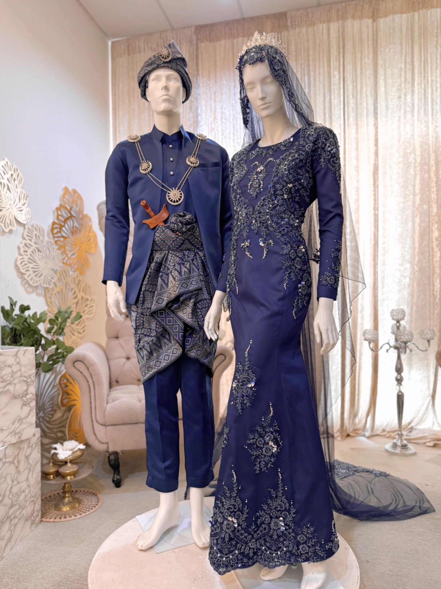 LEESA - Baju Pengantin Navy Blue Duchess Dress with Detachable Trail-baju sanding-baju kahwin