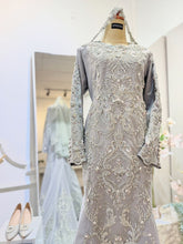 LUMIERE - Silver Grey Duchess Trumpet Dress with Lace - A stunning Baju Pengantin for Malay Weddings, featuring a trumpet dress design in elegant silver grey. Crafted from luxurious duchess fabric embellished with intricate lace detailing. Perfect for weddings and formal occasions.