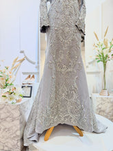 LUMIERE - Silver Grey Duchess Trumpet Dress with Lace - A stunning Baju Pengantin for Malay Weddings, featuring a trumpet dress design in elegant silver grey. Crafted from luxurious duchess fabric embellished with intricate lace detailing. Perfect for weddings and formal occasions.
