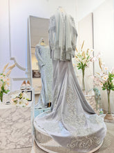 LUMIERE - Silver Grey Duchess Trumpet Dress with Lace - A stunning Baju Pengantin for Malay Weddings, featuring a trumpet dress design in elegant silver grey. Crafted from luxurious duchess fabric embellished with intricate lace detailing. Perfect for weddings and formal occasions.