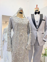 LUMIERE - Silver Grey Duchess Trumpet Dress with Lace - A stunning Baju Pengantin for Malay Weddings, featuring a trumpet dress design in elegant silver grey. Crafted from luxurious duchess fabric embellished with intricate lace detailing. Perfect for weddings and formal occasions.