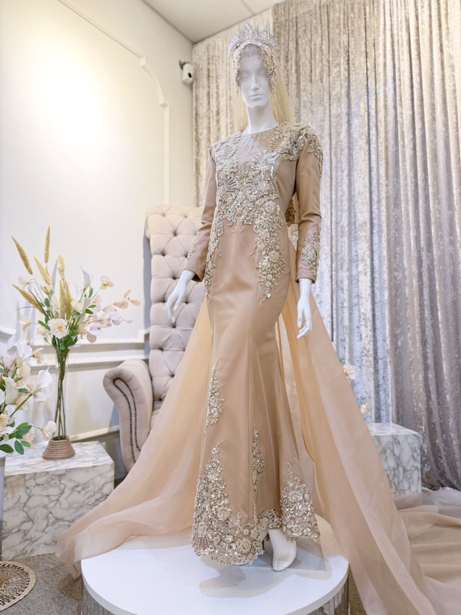 LUNA - Baju Pengantin Brown Champagne Duchess Dress with Detachable Trail-baju sanding-tomaz suit