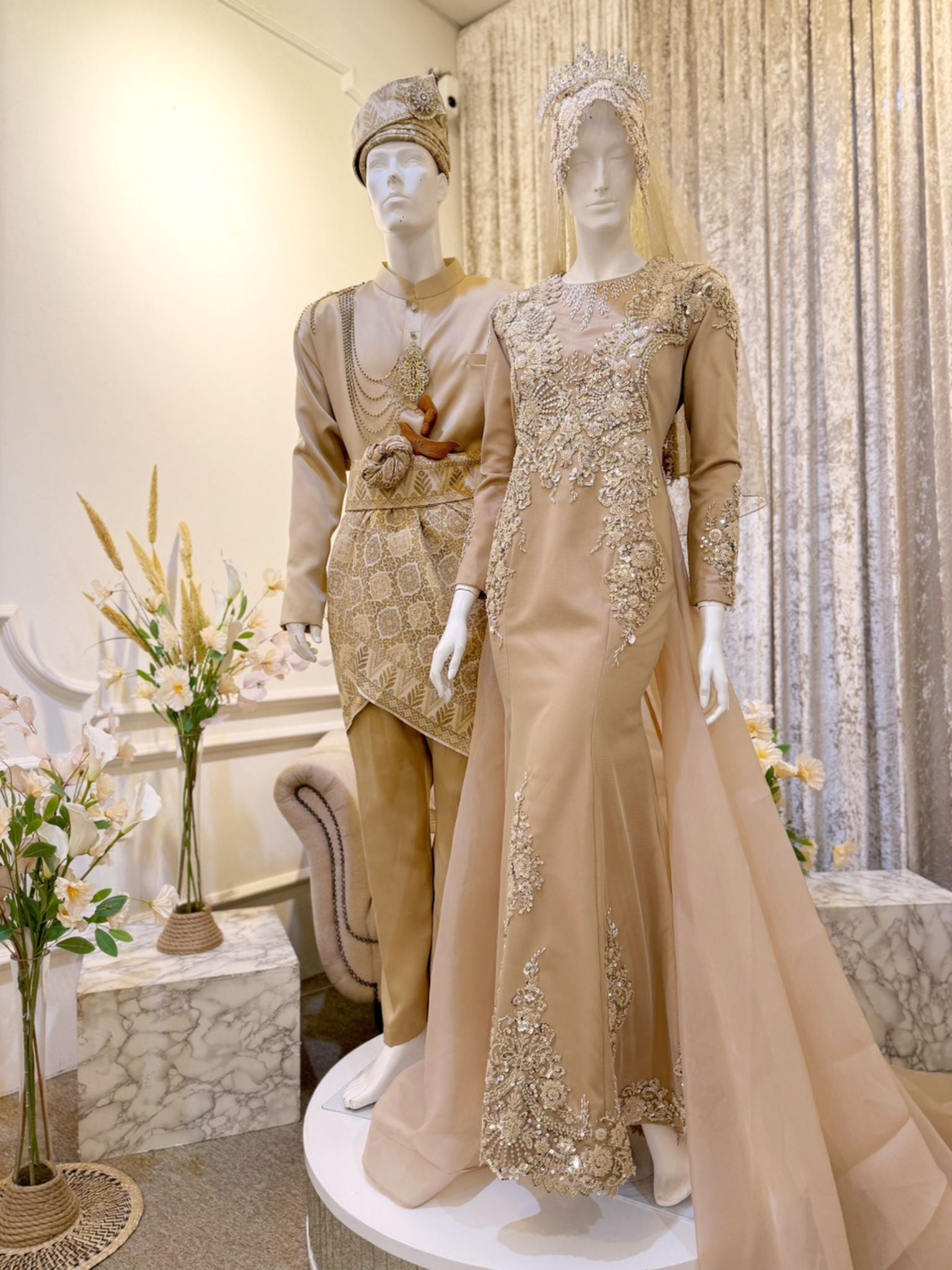 LUNA - Baju Pengantin Brown Champagne Duchess Dress with Detachable Trail-baju sanding-tomaz suit