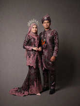 Real bride and groom wearing MAIRA maroon pink silver songket 3D dress set for Malay wedding-Baju Pengantin-Baju Sanding