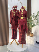 Maroon songket 2D kebaya bridal rental set with selempang sulam for Malay wedding reception