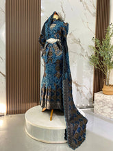 Baju sanding perempuan two-piece dress teal blue silver black songket 3D dengan keradung sari dan tali pinggang pending untuk siluet pengantin anggun