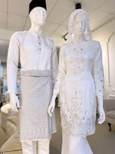 MARDHIAH - Baju Nikah Kurung Moden Pleated Off-White Double-Face. Rental for Solemnization/Akad Nikah events. Elegant Off-White color in luxurious Double-Face fabric. Features Kurung Moden Pleated design for the bride and Baju Melayu Moden for the groom. Available in Bride sizes XS-M and Groom sizes S-XL.