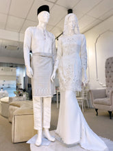 MARDHIAH - Baju Nikah Kurung Moden Pleated Off-White Double-Face. Rental for Solemnization/Akad Nikah events. Elegant Off-White color in luxurious Double-Face fabric. Features Kurung Moden Pleated design for the bride and Baju Melayu Moden for the groom. Available in Bride sizes XS-M and Groom sizes S-XL.
