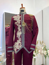 Maroon Prince Suit-Baju Pengantin Lelaki-Maroon Wedding Suit-Prince Coat Design-Light Brown Lace Wedding Outfit-Maroon Suit Rental-Baju Sanding-Groom Suit Rental-Traditional Wedding Suit-Maroon and Brown Groom Outfit