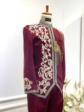Maroon Prince Suit-Baju Pengantin Lelaki-Wedding Reception Suit-Prince Coat Design-Light Brown Lace Wedding Outfit-Maroon Suit Rental-Baju Sanding-Groom Suit Rental-Traditional Wedding Suit-Maroon and Brown Wedding Attire