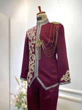 Maroon Prince Suit-Baju Pengantin Lelaki-Wedding Reception Suit-Prince Coat Design-Light Brown Lace Wedding Outfit-Maroon Suit Rental-Baju Sanding-Groom Suit Rental-Traditional Wedding Suit-Maroon and Brown Wedding Attire