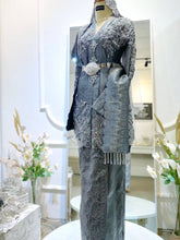 Silver & Dark Grey Songket Kebaya with Selempang Sulam (Bride) Kot Raihan Two-piece Suit (Groom) Songket 2D Fabric Sizes: Bride (M-XL) | Groom (S-L) Perfect for Malaysian Wedding Reception (Baju Sanding)