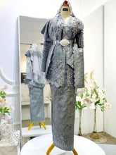 Silver & Dark Grey Songket Kebaya with Selempang Sulam (Bride) Kot Raihan Two-piece Suit (Groom) Songket 2D Fabric Sizes: Bride (M-XL) | Groom (S-L) Perfect for Malaysian Wedding Reception (Baju Sanding)
