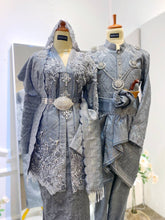 Silver & Dark Grey Songket Kebaya with Selempang Sulam (Bride) Kot Raihan Two-piece Suit (Groom) Songket 2D Fabric Sizes: Bride (M-XL) | Groom (S-L) Perfect for Malaysian Wedding Reception (Baju Sanding)