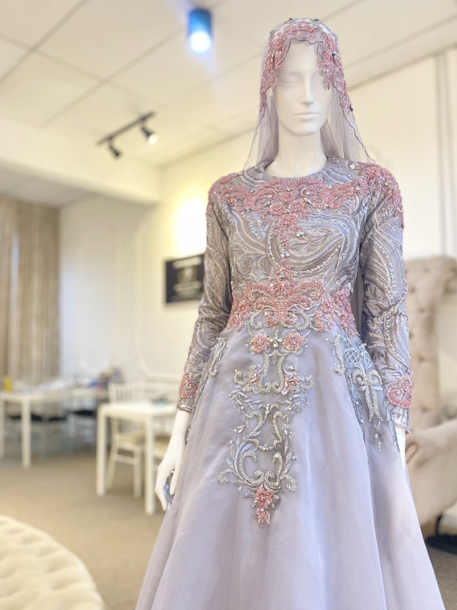 pink and grey wedding dress Zapaka Women Grey Pink A Line Long Prom Dress Deep V Neck Formal Dress with Appliques, Grey Pink / US22W