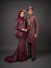 Real bride and groom wearing MAWAR maroon songket 3D kurung moden set for Malay wedding