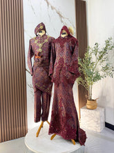 Maroon light gold songket 3D kurung moden bridal rental set for wedding reception PP Signature