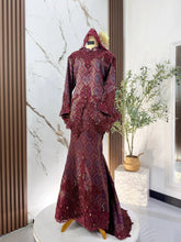 Bride wearing maroon light gold songket 3D kurung moden for wedding reception PP Signature Kajang
