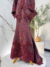 Maroon and light gold songket 3D fabric texture detail of MAWAR baju sanding PP Signature (93 karakter)