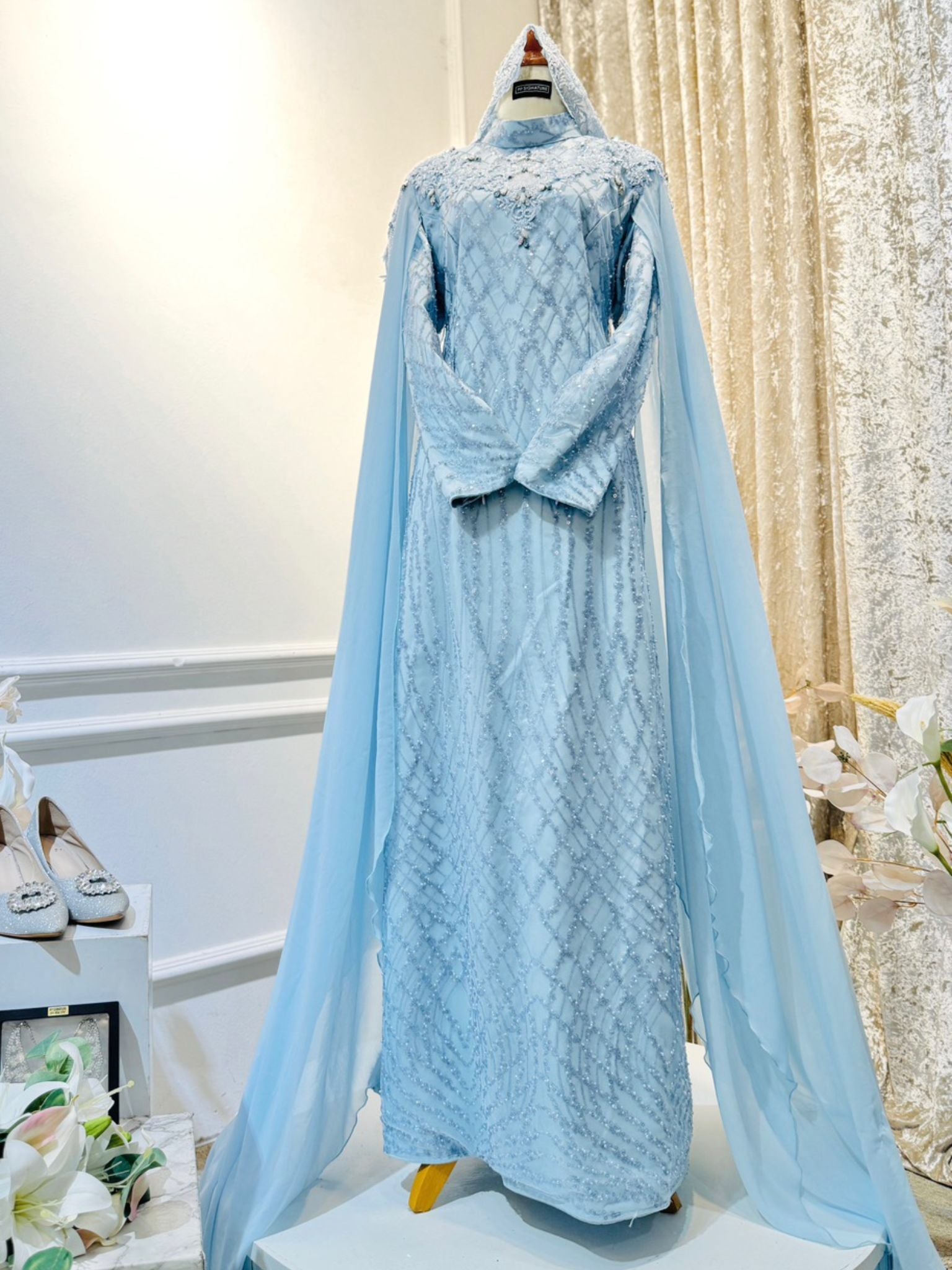 MECCA - Baju Pengantin Baby Blue with Icy Blue Sequin Laces Loose A-cut Dress-baju sanding-kot raihan-suit tomaz