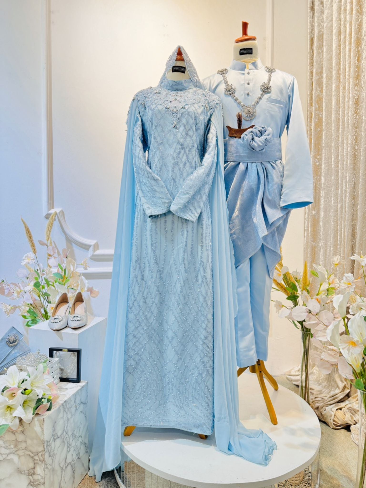 MECCA - Baju Pengantin Baby Blue with Icy Blue Sequin Laces Loose A-cut Dress-baju sanding-kot raihan-suit tomaz