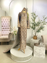 Malay wedding attire-Javanese kebaya wedding dress-Songket bridal gown-Luxury Baju Sanding-Traditional Malay wedding dress-Modern kebaya wedding outfit-Grey and gold bridal wear-Malay groom three-piece suit-Elegant wedding dress Malaysia-Heritage-inspired bridal fashion