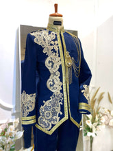 Navy Blue Prince Suit-Baju Pengantin Lelaki-Wedding Reception Suit-Prince Coat Design-Light Brown Lace Wedding Outfit-Navy Blue Suit Rental-Baju Sanding-Groom Suit Rental-Traditional Wedding Suit-Navy Blue and Brown Wedding Attire