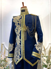 Navy Blue Prince Suit-Baju Pengantin Lelaki-Wedding Reception Suit-Prince Coat Design-Light Brown Lace Wedding Outfit-Navy Blue Suit Rental-Baju Sanding-Groom Suit Rental-Traditional Wedding Suit-Navy Blue and Brown Wedding Attire