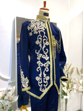 Navy Blue Prince Suit-Baju Pengantin Lelaki-Wedding Reception Suit-Prince Coat Design-Light Brown Lace Wedding Outfit-Navy Blue Suit Rental-Baju Sanding-Groom Suit Rental-Traditional Wedding Suit-Navy Blue and Brown Wedding Attire