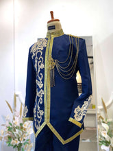 Navy Blue Prince Suit-Baju Pengantin Lelaki-Wedding Reception Suit-Prince Coat Design-Light Brown Lace Wedding Outfit-Navy Blue Suit Rental-Baju Sanding-Groom Suit Rental-Traditional Wedding Suit-Navy Blue and Brown Wedding Attire