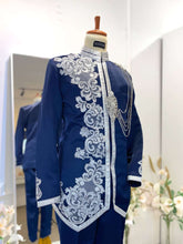 Navy Silver Prince Suit-Baju Pengantin Lelaki-Wedding Reception Suit-Prince Coat Design-Navy Blue Suit Rental-Silver Lace Wedding Outfit-Baju Sanding-Groom Suit Rental-Traditional Wedding Suit-Navy and Silver Groom Outfit