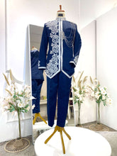 Navy Silver Prince Suit-Baju Pengantin Lelaki-Wedding Reception Suit-Prince Coat Design-Navy Blue Suit Rental-Silver Lace Wedding Outfit-Baju Sanding-Groom Suit Rental-Traditional Wedding Suit-Navy and Silver Groom Outfit