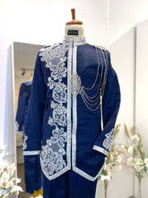 Navy Silver Prince Suit-Baju Pengantin Lelaki-Wedding Reception Suit-Prince Coat Design-Navy Blue Suit Rental-Silver Lace Wedding Outfit-Baju Sanding-Groom Suit Rental-Traditional Wedding Suit-Navy and Silver Groom Outfit
