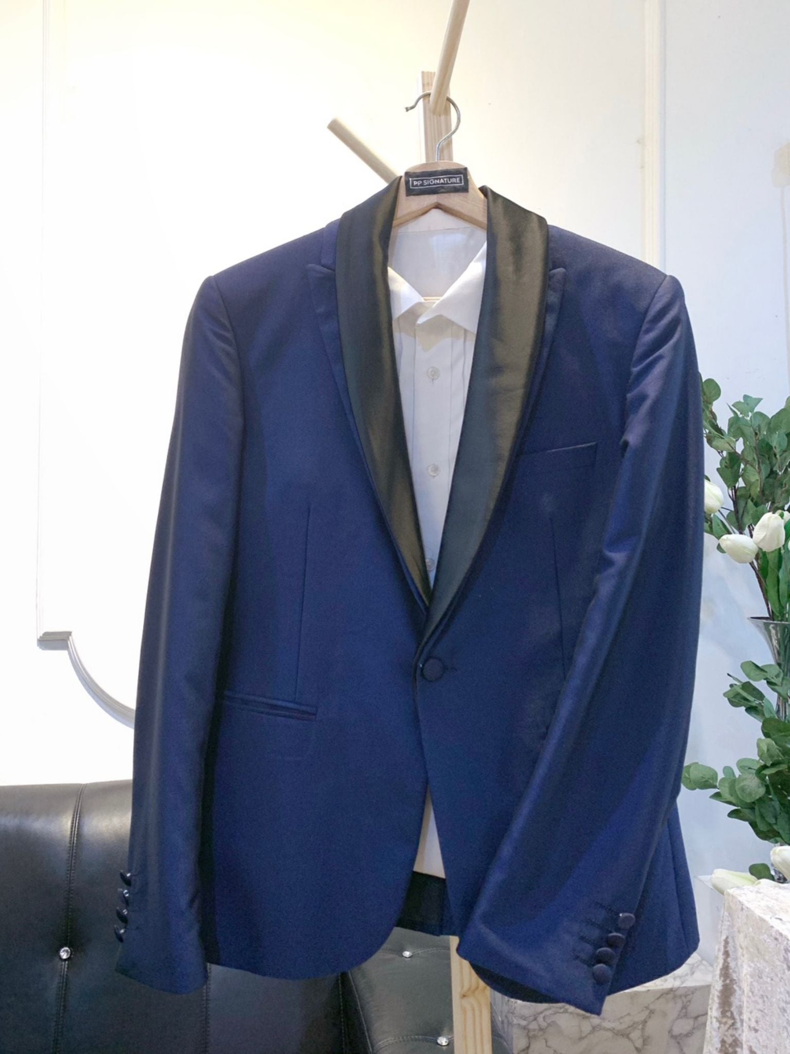 Navy Blue 2 Piece Tomaz Wedding Suit with 2-in-1 Notch or Black Shawl Lapel