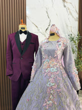 PERIWINKLE Baju Sanding couple close-up purple silver Duchess ballgown and tuxedo wedding attire
