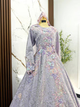 PETUNIA bride upper body close-up purple silver glitter lace on premium Duchess fabric