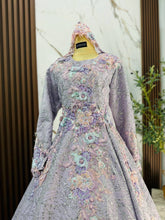 PETUNIA bride upper body close-up purple silver glitter lace on premium Duchess fabric